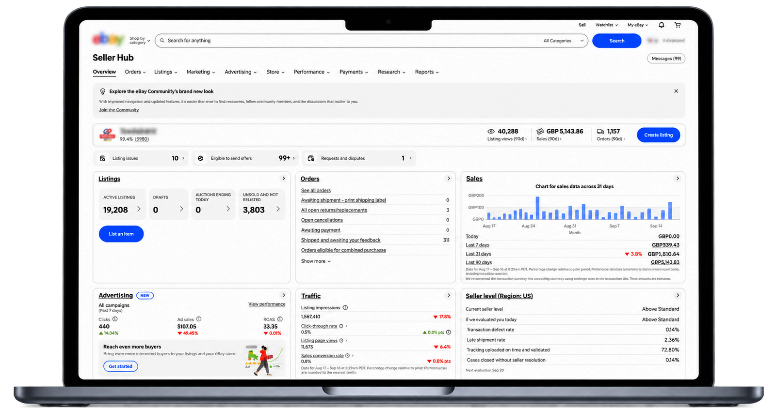 eBay seller dashboard showing sales, orders, and top-selling products
